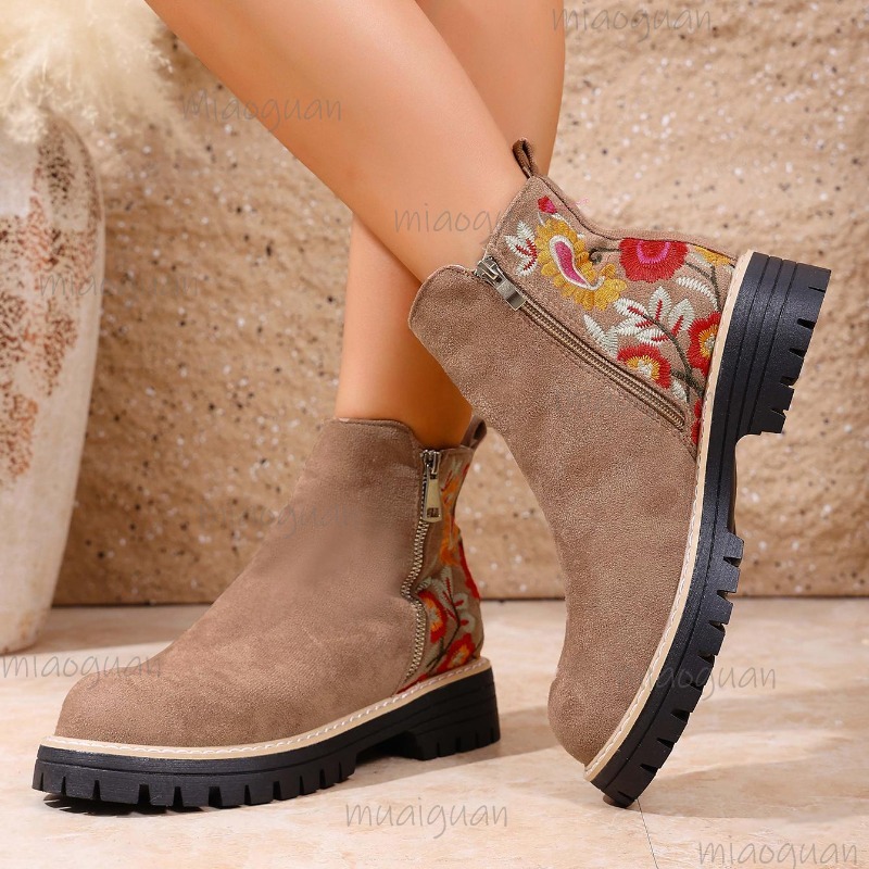 Embroidery Flower - Botines de ante con bordado de