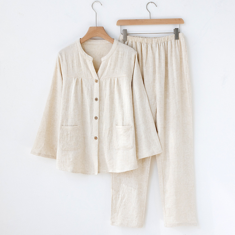 Linen Fabric Natural - Pijamas de estilo japonés con cuello
