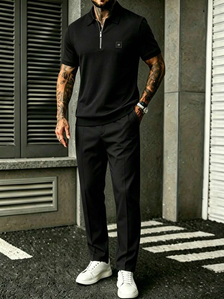Embroidery Knit - Conjunto de camisa y pantalones negros