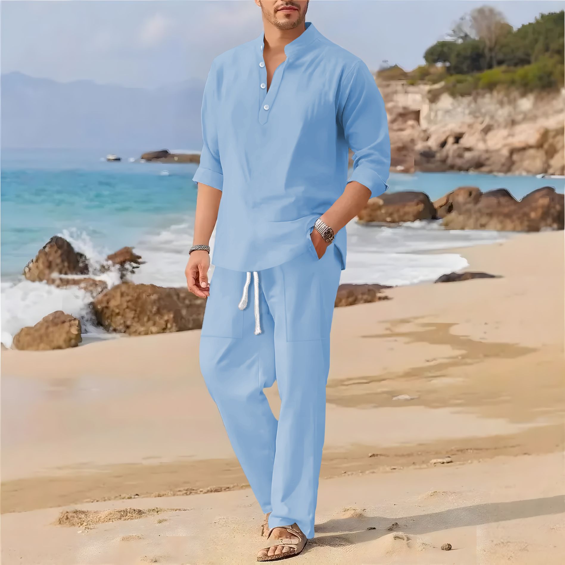 Traje casual de manga larga co - Linen Fabric Natural reseña y precio