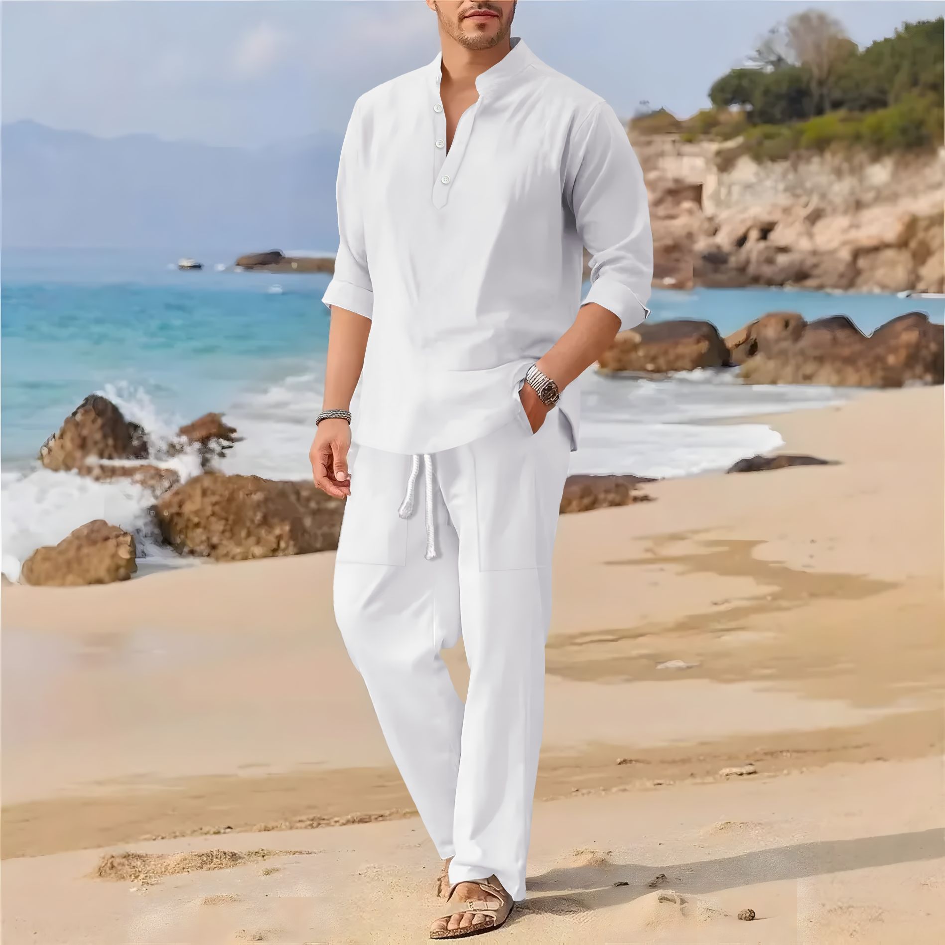 Traje casual de manga larga co - Linen Fabric Natural reseña y precio