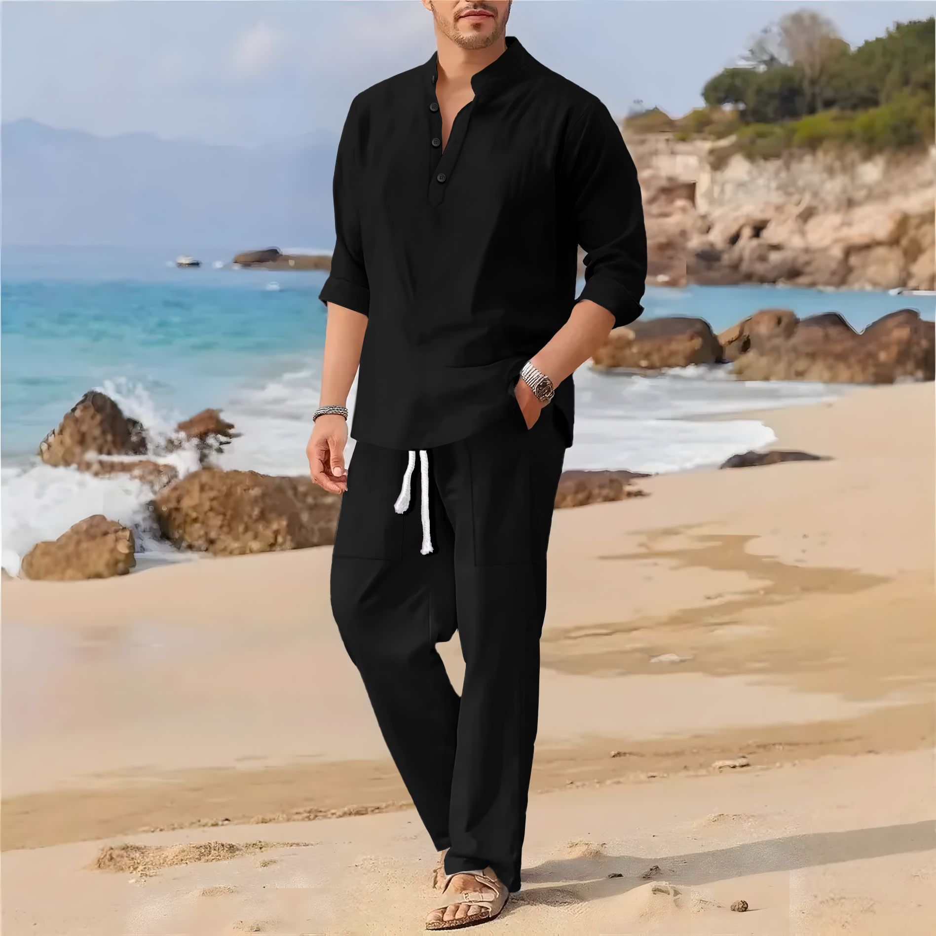 Traje casual de manga larga co - Linen Fabric Natural reseña y precio