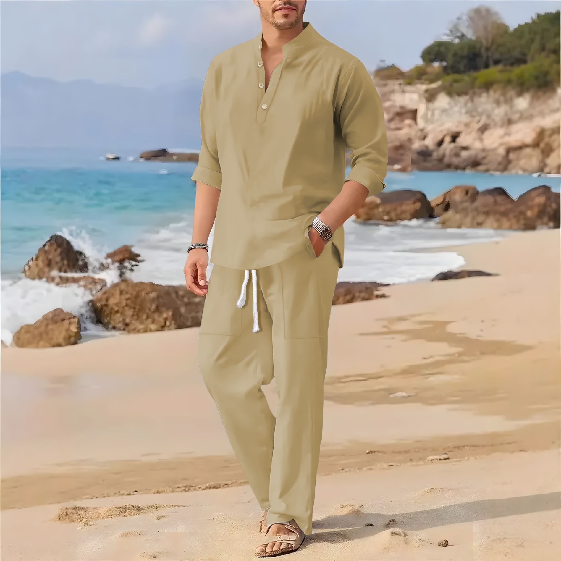 Traje casual de manga larga co - Linen Fabric Natural reseña y precio